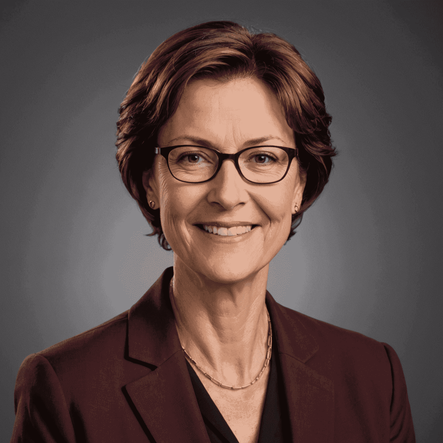 Portrait von Maria Schmidt, Gründerin von MyDriveLife. Eine Frau mittleren Alters mit kurzen braunen Haaren und einer modernen Brille, die ein freundliches Lächeln zeigt. Sie trägt ein elegantes, burgunderrotes Blazer.