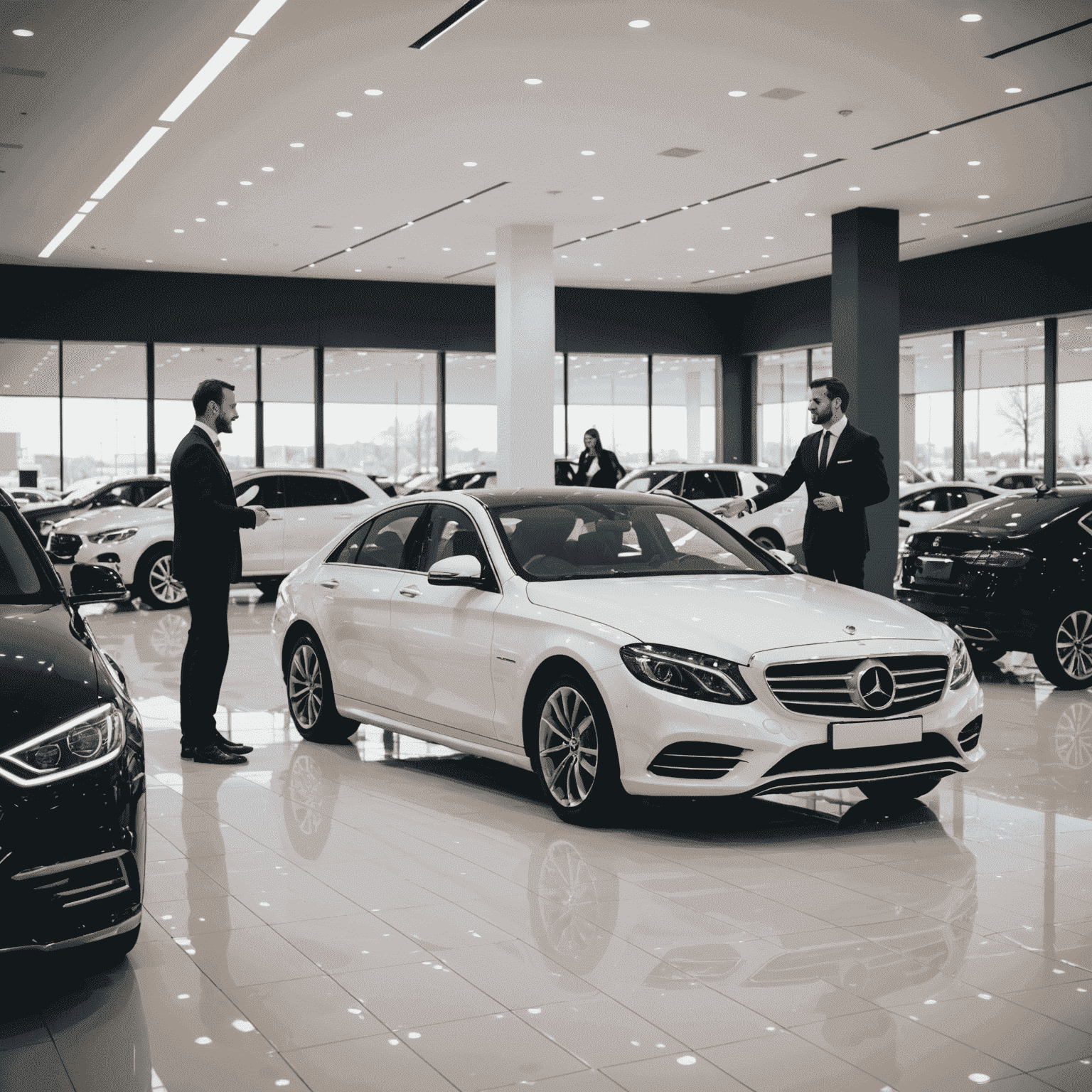 Ein modernes Autohaus mit einer Auswahl an Luxusfahrzeugen, die in einer einladenden Ausstellungshalle präsentiert werden. Im Vordergrund steht ein freundlicher Verkaufsberater, der einen Kunden begrüßt.
