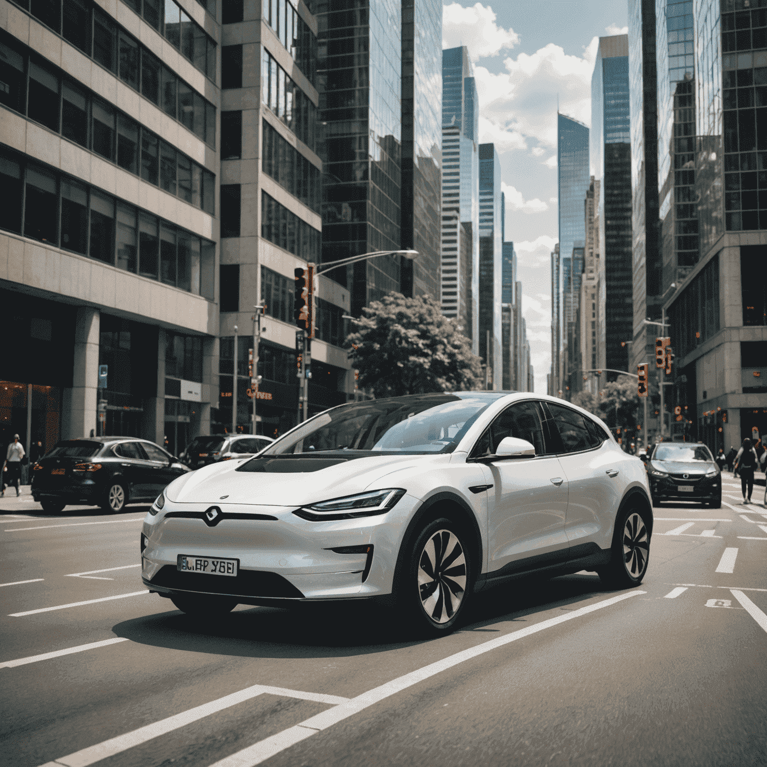 Ein modernes Elektroauto, das durch eine belebte Stadtstraße fährt, umgeben von Hochhäusern und Fußgängern.