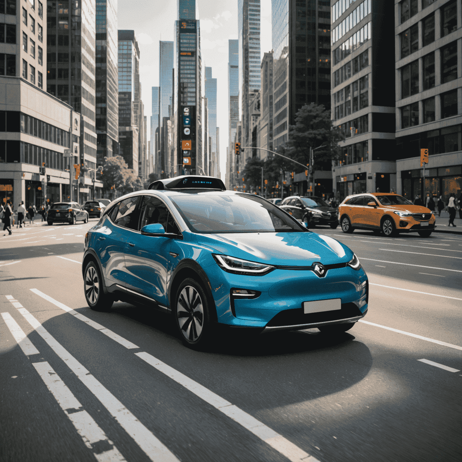 Ein modernes Elektroauto, das durch eine belebte Stadtstraße fährt, umgeben von Hochhäusern und Fußgängern