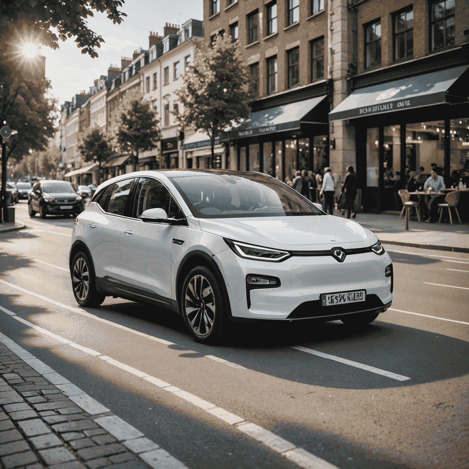 Modernes Elektroauto in einer belebten Stadtstraße, umgeben von Cafés und Fußgängern