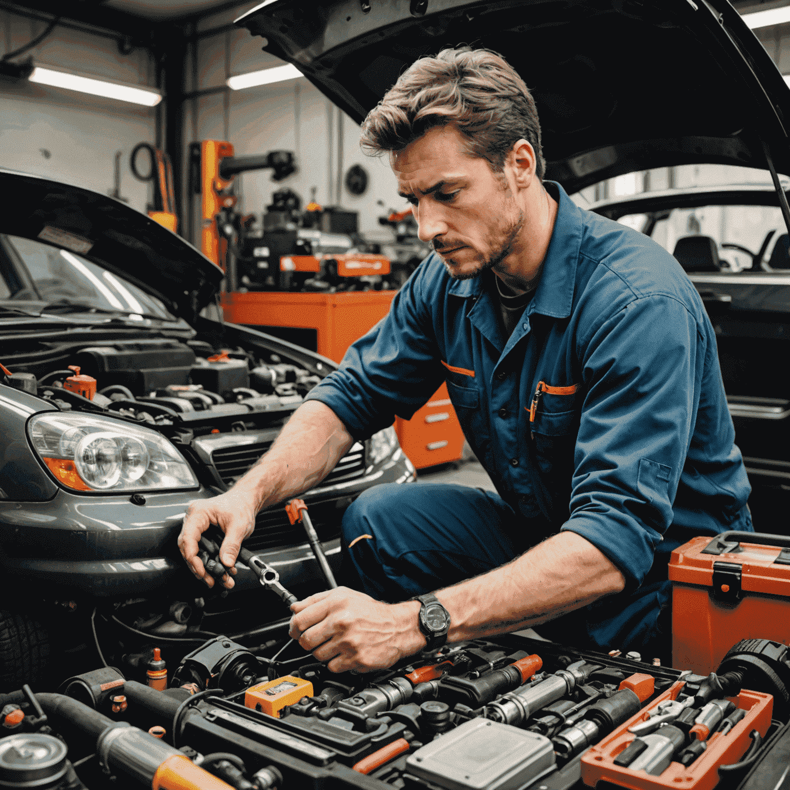 Ein Mechaniker, der unter der Motorhaube eines Autos arbeitet, umgeben von verschiedenen Wartungswerkzeugen