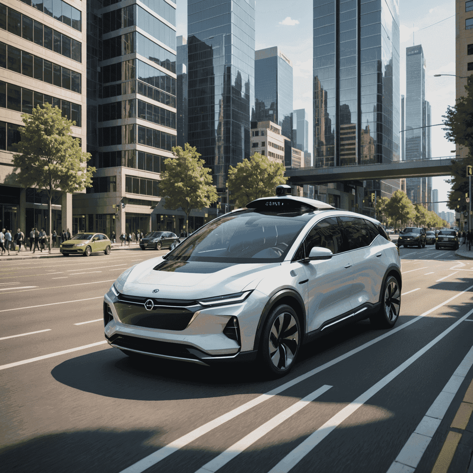 Futuristisches autonomes Fahrzeug, das durch eine moderne Stadtlandschaft fährt, umgeben von hochmodernen Gebäuden und intelligenten Verkehrssystemen