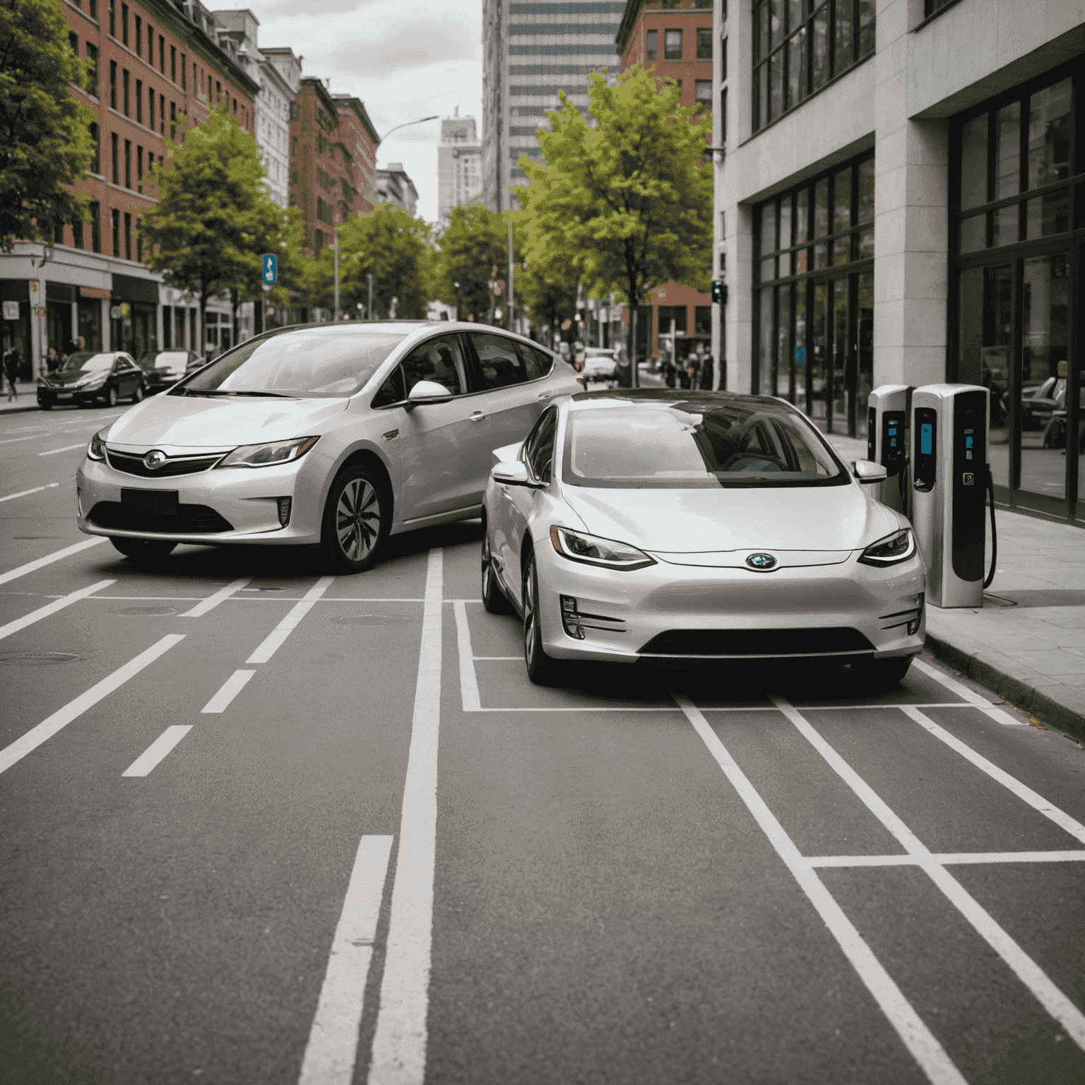 Ein modernes Hybridfahrzeug neben einem Elektroauto in einer urbanen Umgebung mit Ladesäulen im Hintergrund
