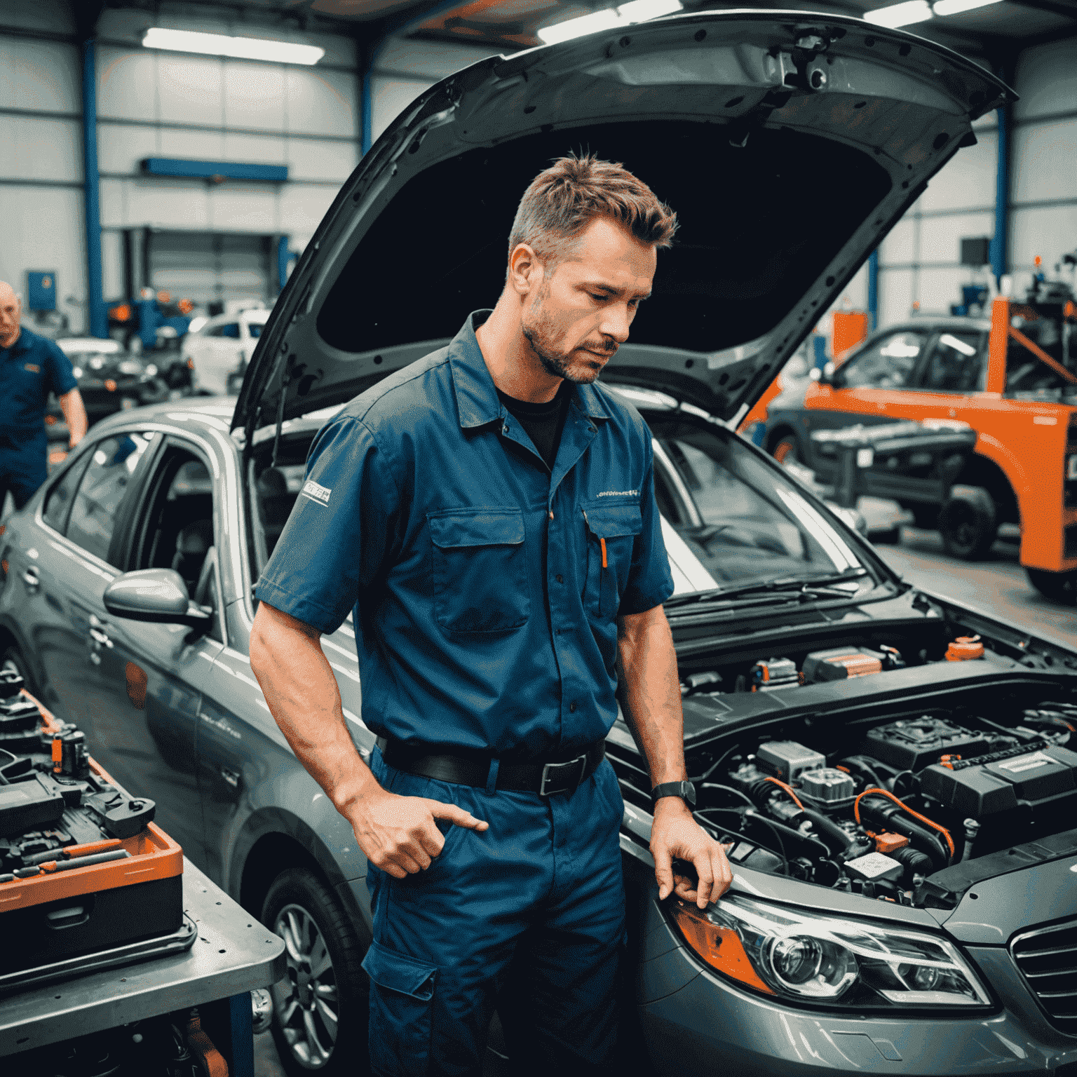 Ein Mechaniker, der die Motorhaube eines Autos überprüft, umgeben von Werkzeugen und Diagnosegeräten in einer modernen Werkstatt.