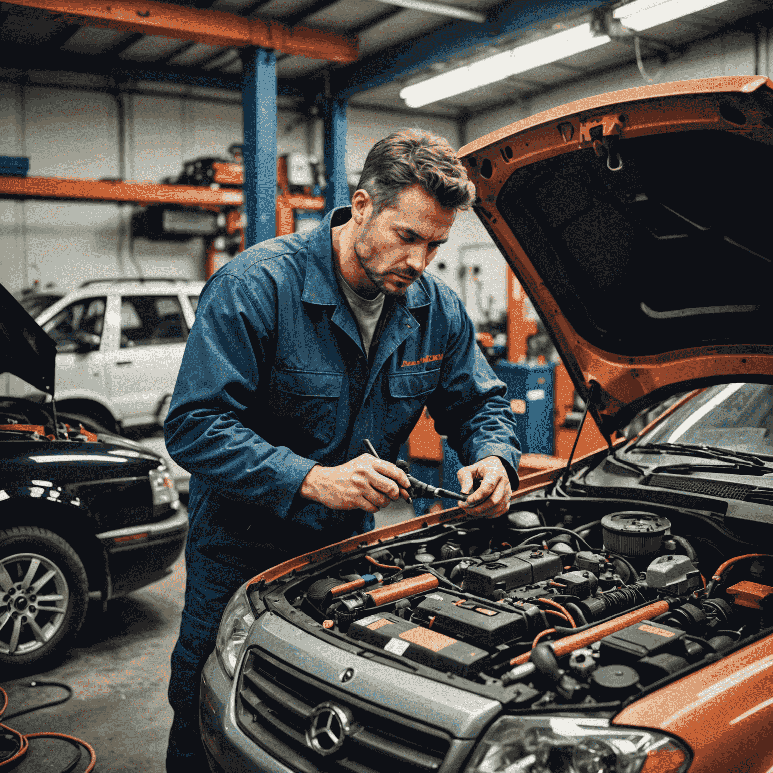 Ein Mechaniker, der unter der Motorhaube eines Autos arbeitet, umgeben von Werkzeugen und Diagnosegeräten