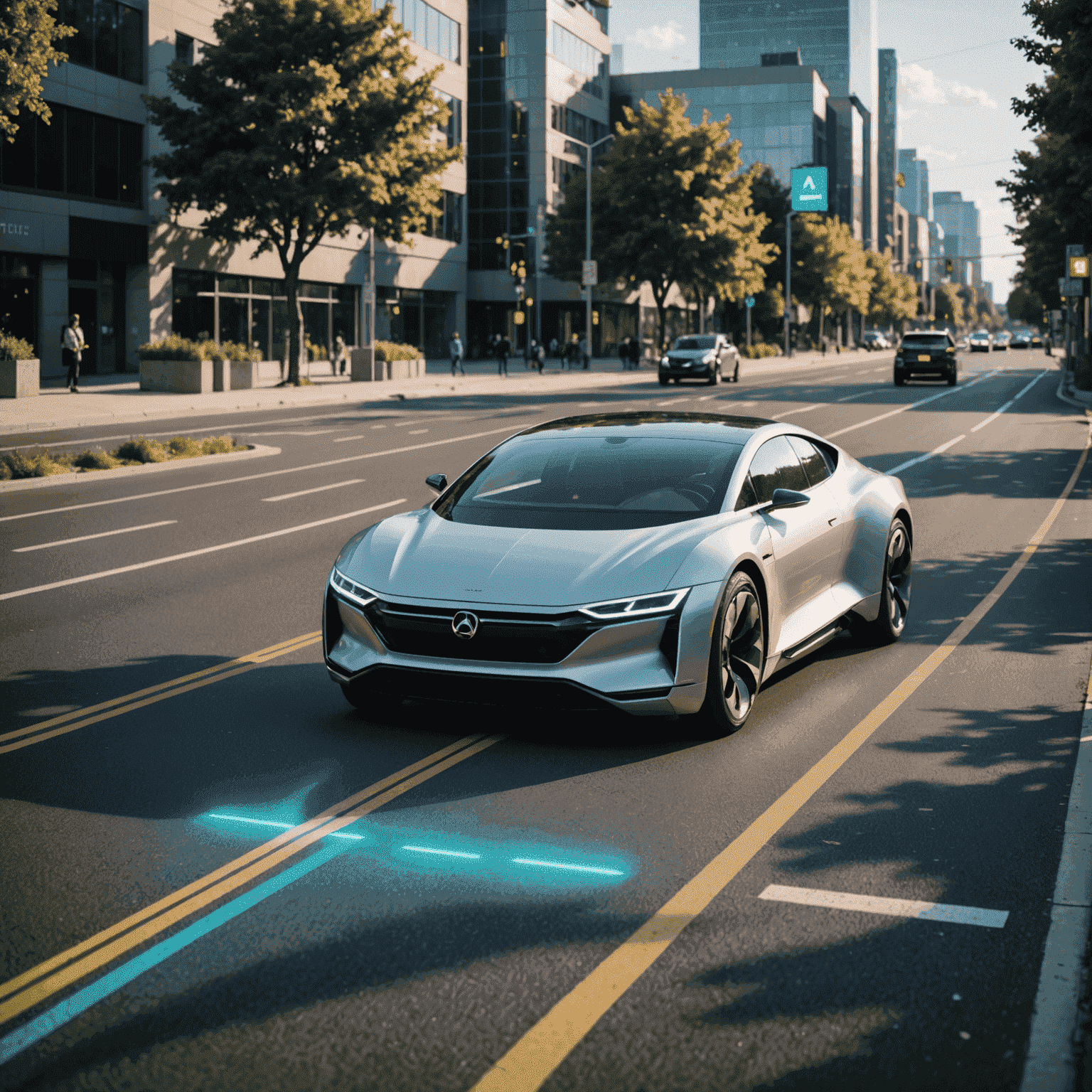 Futuristisches autonomes Fahrzeug auf einer Straße mit holografischen Anzeigen und Sensoren