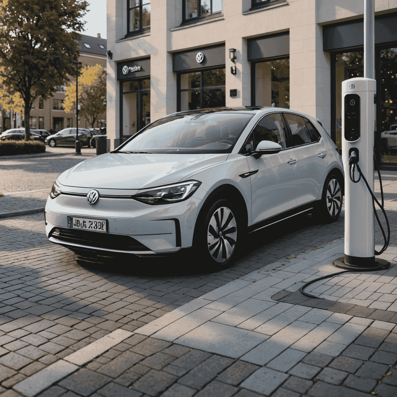 Eleganter VW ID.3 an einer Elektro-Ladestation in einem urbanen Wohnviertel