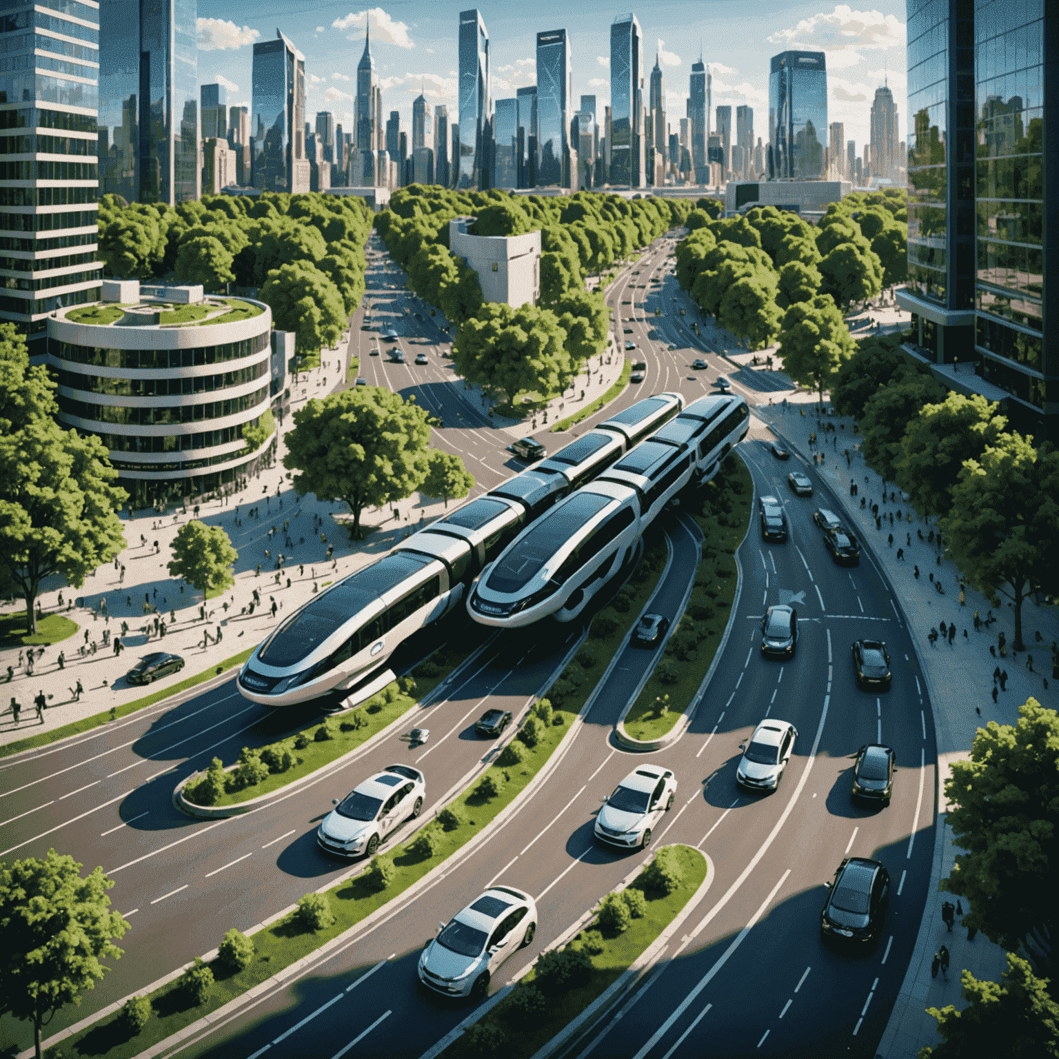 Futuristische Stadtansicht mit autonomen Fahrzeugen, die sich nahtlos durch den Verkehr bewegen, umgeben von grünen Parkflächen und Fußgängerzonen