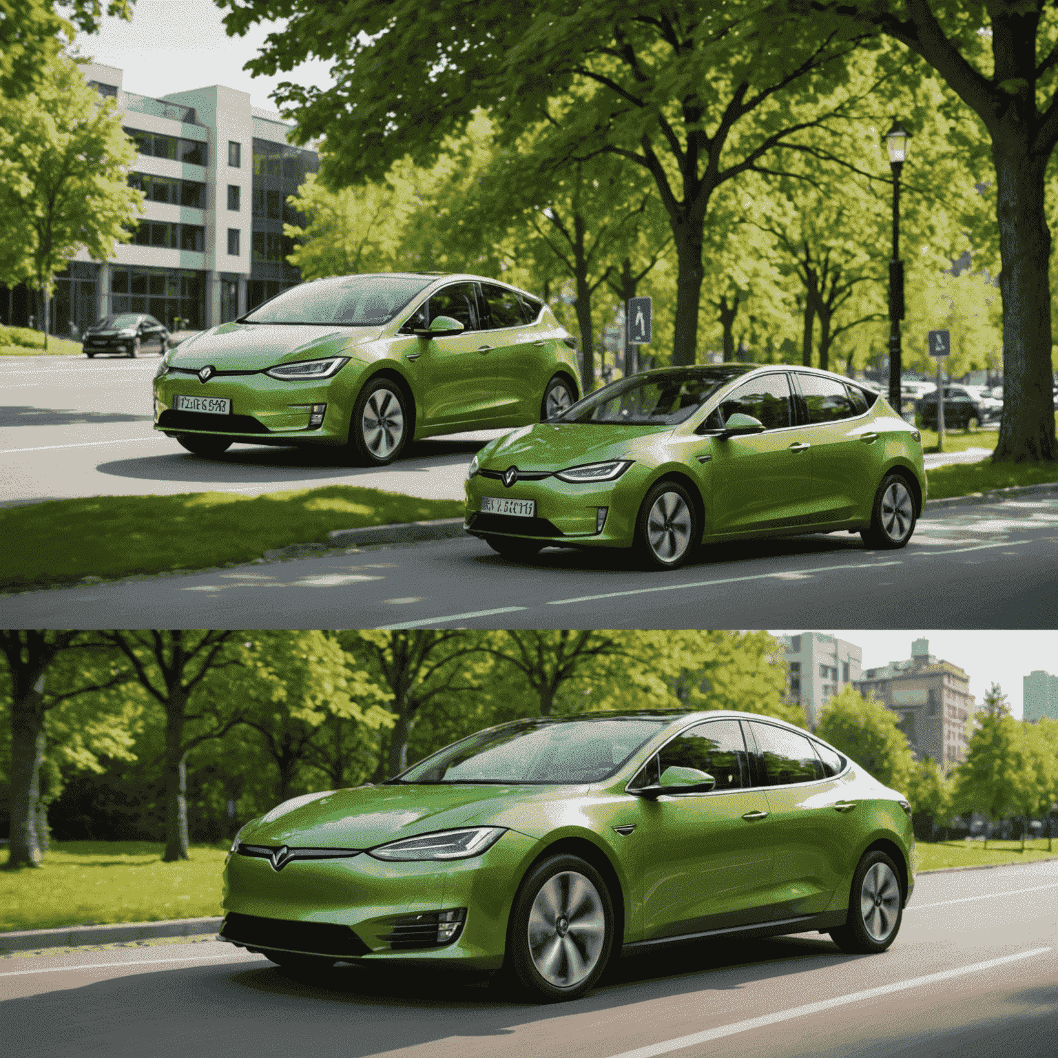 Split-Screen-Bild: links ein Hybridauto, rechts ein Elektroauto, beide in einer grünen Umgebung