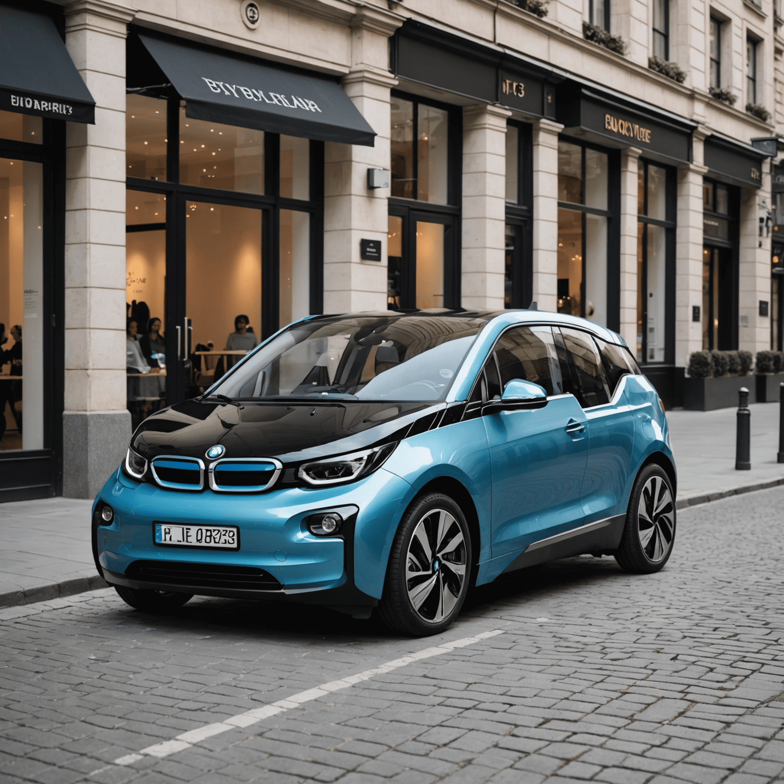 Stilvoller BMW i3 vor einer exklusiven Boutique in der Innenstadt