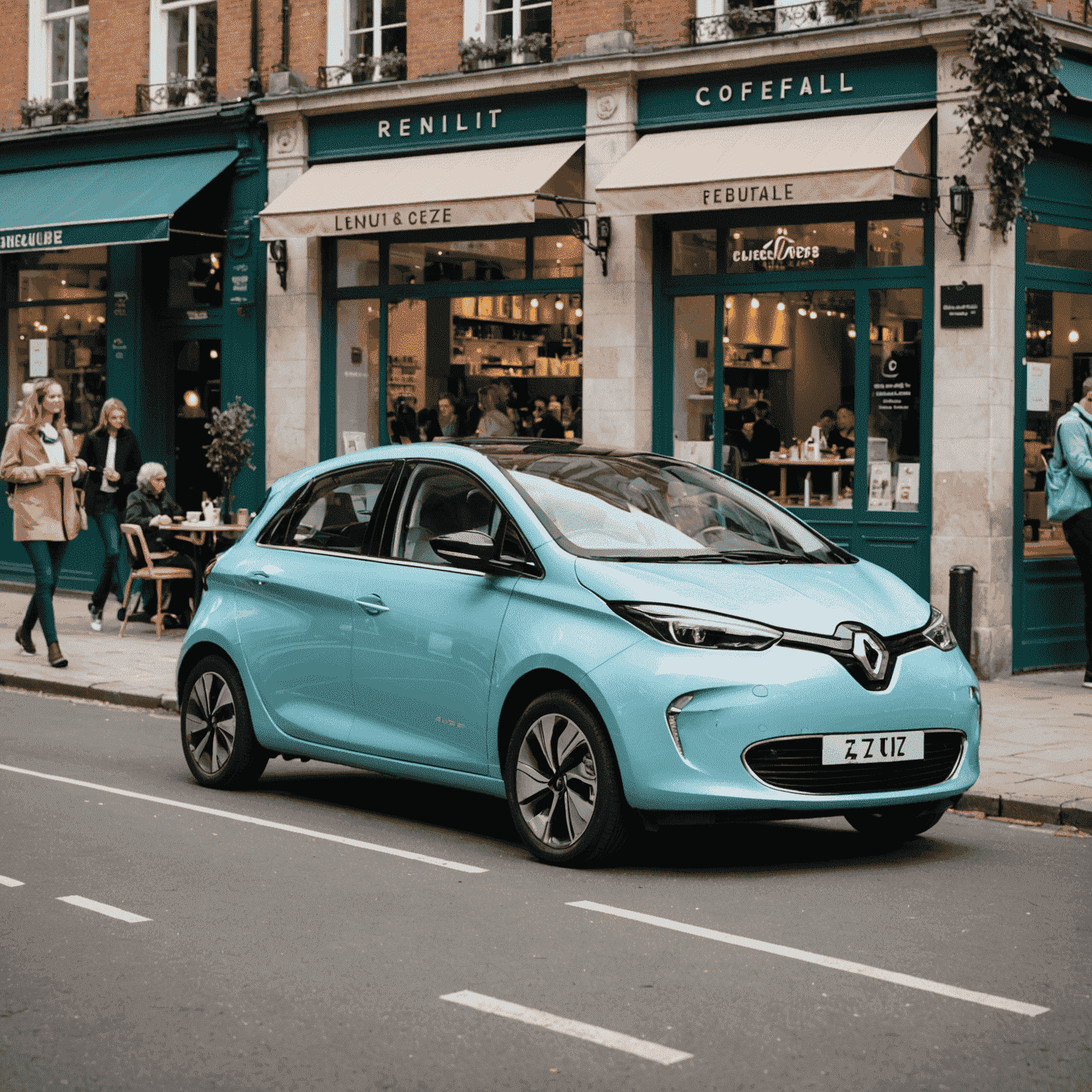 Renault Zoe, geparkt vor einem trendigen Café mit Menschen, die vorbeigehen