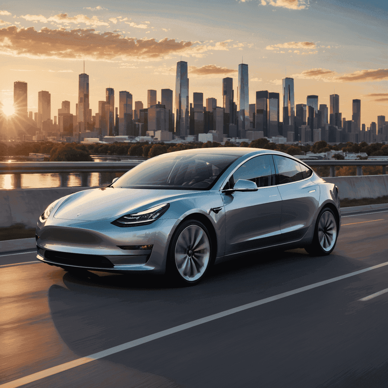 Tesla Model 3 vor einer futuristischen Skyline bei Sonnenuntergang